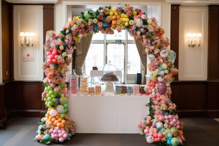 edible wedding arch with sweets and treats for guests to enjoy, created with generative aiの素材