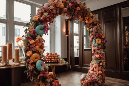 edible wedding arch with sweets and treats for guests to enjoy, created with generative aiの素材