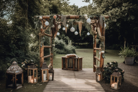 rustic wooden wedding arch with string of lanterns and boho blooms, created with generative aiの素材