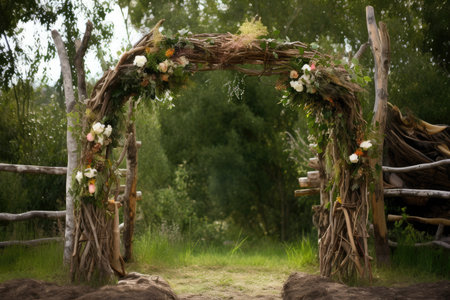rustic wedding arch made of twigs and flowers surrounded by lush greenery, created with generative aiの素材