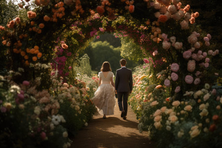 bride and groom, hand in hand, walking through beautiful arch of flowers, created with generative aiの素材