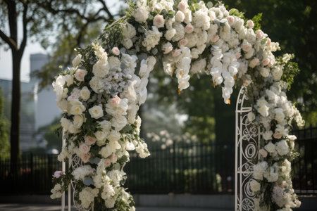 wedding arch with floral accents and lace for elegant, classic look, created with generative aiの素材