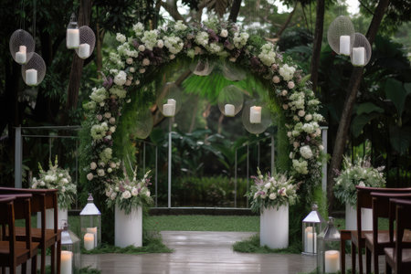 beautiful arch with hanging lanterns and floral arrangements, against a backdrop of greenery, created with generative aiの素材