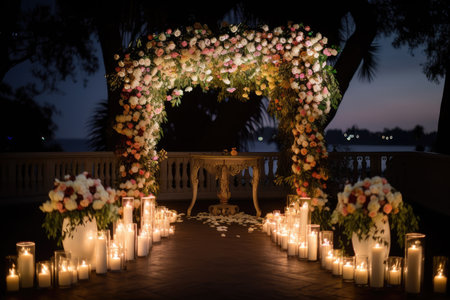 wedding arch with beautiful floral arrangements and candles, created with generative aiの素材