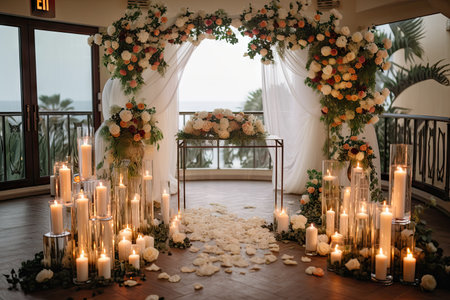 wedding arch with beautiful floral arrangements and candles, created with generative aiの素材