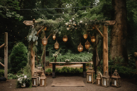 rustic wooden arch with hanging lanterns, surrounded by lush greenery, created with generative aiの素材