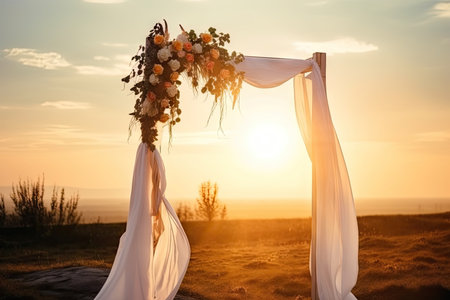beautiful wedding arch with ribbons and flowers at sunset, created with generative aiの素材