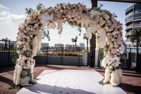 luxe wedding arch, with floral accents and crystal accents, created with generative aiの素材