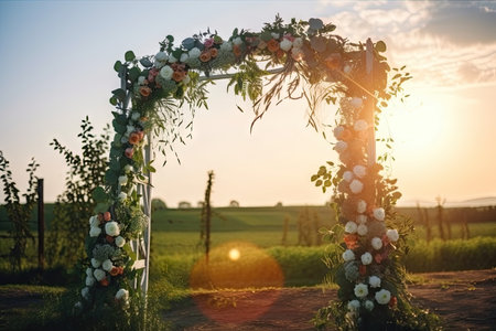 beautiful wedding arch with ribbons and flowers at sunset, created with generative aiの素材