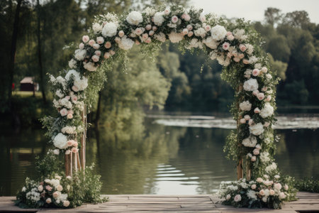 wedding arch decorated with blooming flowers and greenery, created with generative aiの素材