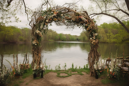 wedding arch made of twined branches and blooms, created with generative aiの素材