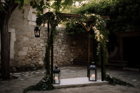 simple wedding arch with a hanging lantern and ivy for an elegant and minimalist look, created with generative aiの素材