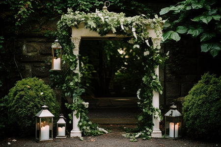 simple wedding arch with a hanging lantern and ivy for an elegant and minimalist look, created with generative aiの素材