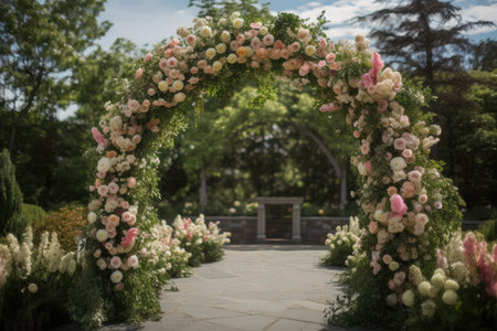 wedding arch surrounded by blooming flowers and greenery, created with generative aiの素材