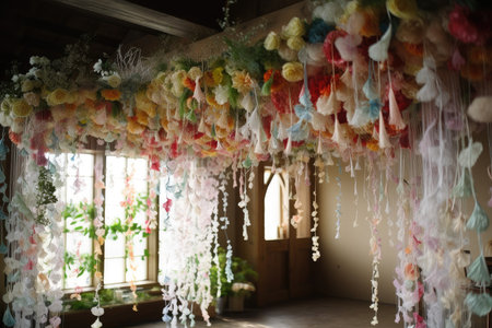 hanging wedding arch made of delicate ribbons and beads, created with generative aiの素材