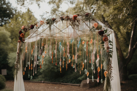 hanging wedding arch made of delicate ribbons and beads, created with generative aiの素材