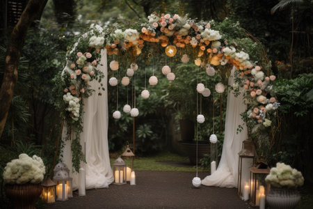wedding arch with cascading floral garlands and hanging lanterns, created with generative aiの素材