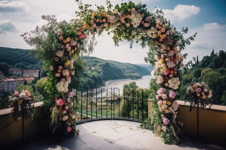 magnificent wedding arch made of flowers and greenery, with view of a picturesque landscape, created with generative aiの素材