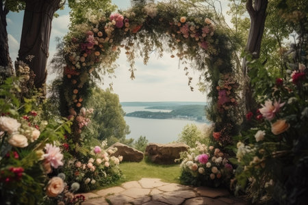 magnificent wedding arch made of flowers and greenery, with view of a picturesque landscape, created with generative aiの素材