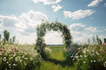 wedding arch, surrounded by field of flowers, against a sunny sky, created with generative aiの素材