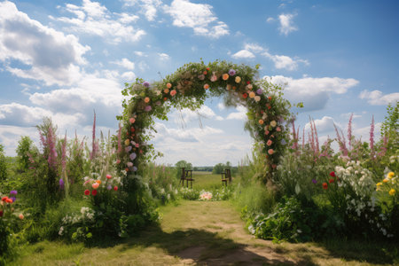 wedding arch, surrounded by field of flowers, against a sunny sky, created with generative aiの素材