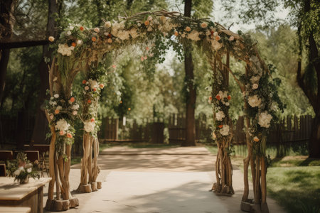 rustic wooden archway, decorated with vines and flowers for elegant wedding, created with generative aiの素材