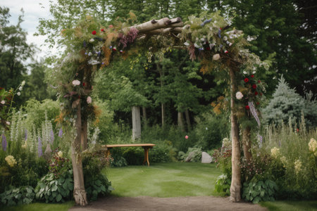 wooden arch, surrounded by greenery and blooming flowers, created with generative aiの素材