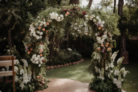 a wedding arch in the garden, surrounded by lush greenery, created with generative aiの素材