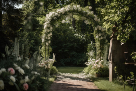 a wedding arch in the garden, surrounded by lush greenery, created with generative aiの素材