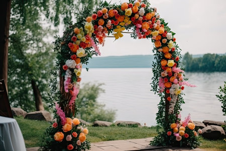 wedding arch decorated with delicate and colorful floral arrangements, created with generative aiの素材