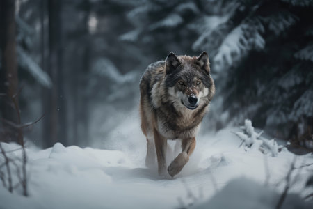 wolf running through snow-covered forest, its breath visible in the cold air, created with generative aiの素材
