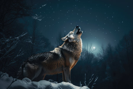 wolf howling into the snowy night sky, its powerful voice echoing through the forest, created with generative aiの素材