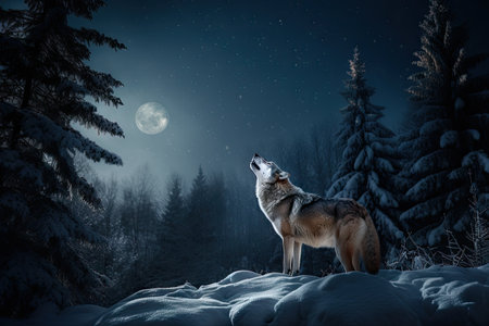 wolf howling into the snowy night sky, its powerful voice echoing through the forest, created with generative aiの素材