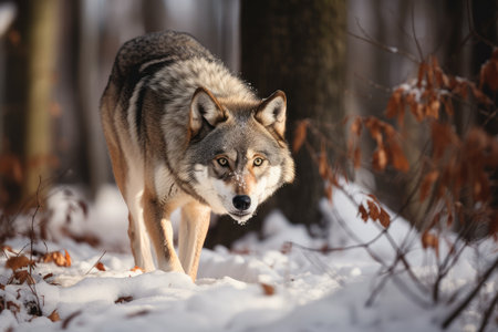 wolf, with its muzzle and fur covered in snow, sneaking through the forest, created with generative aiの素材