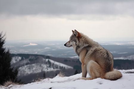 wolf sitting on snowy hill, surveying its surroundings, created with generative aiの素材