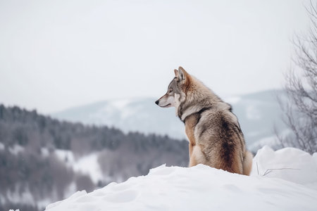 wolf sitting on snowy hill, surveying its surroundings, created with generative aiの素材