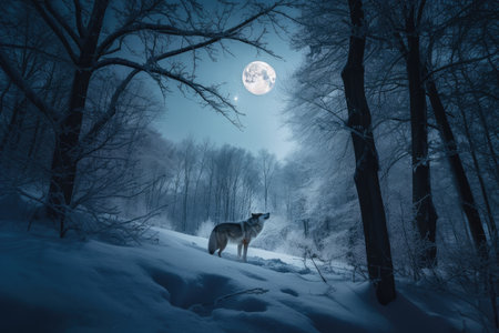 wolf howling at full moon in snowy winter forest, created with generative aiの素材