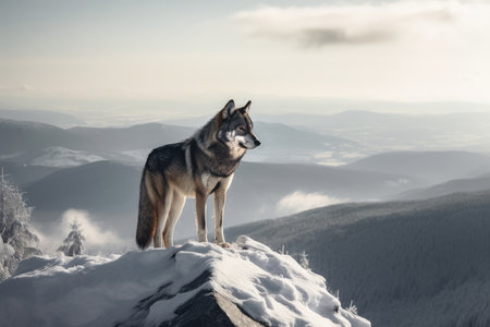 wolf standing on snow-covered ledge, looking out over the snowy landscape, created with generative aiの素材