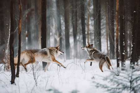 wolf chasing after deer in snowy forest, created with generative aiの素材