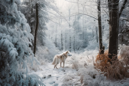 snowy forest, with wolf trotting through the trees, created with generative aiの素材