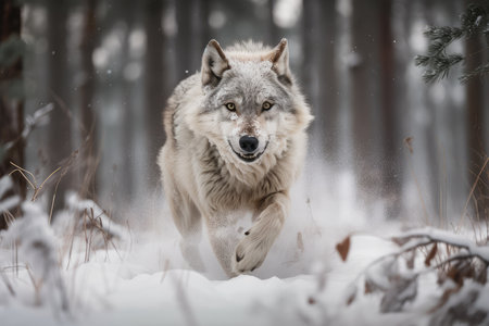 wolf running through snow-covered forest, its breath visible in the cold air, created with generative aiの素材