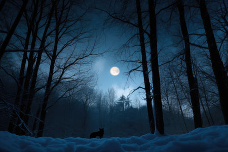 snowy forest, with the silhouette of a wolf visible against the moonlit sky, created with generative aiの素材