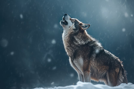 wolf howling in the midst of a blizzard, surrounded by snow and ice, created with generative aiの素材