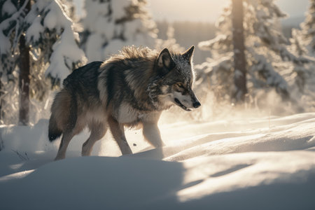 wolf running through snow-covered forest, with its fur shining in the sunlight, created with generative aiの素材