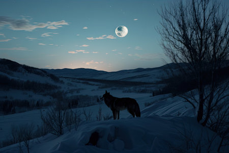 the moon over a snowy landscape, with the silhouette of a wolf, created with generative aiの素材
