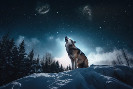 wolf howling into the snowy night sky, created with generative aiの素材