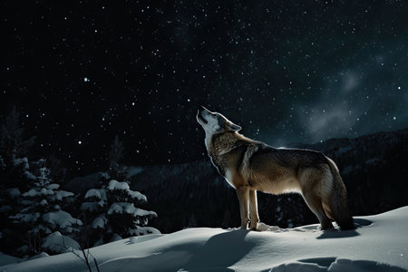 wolf howling into the snowy night sky, created with generative aiの素材
