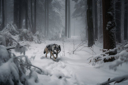 snowy landscape with lone wolf running through the forest, created with generative aiの素材