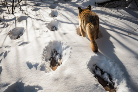 wolfs paw pads on snowy ground, with footprints visible, created with generative aiの素材