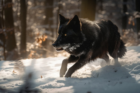 wolf running through snow-covered forest, its black coat shimmering in the light, created with generative aiの素材